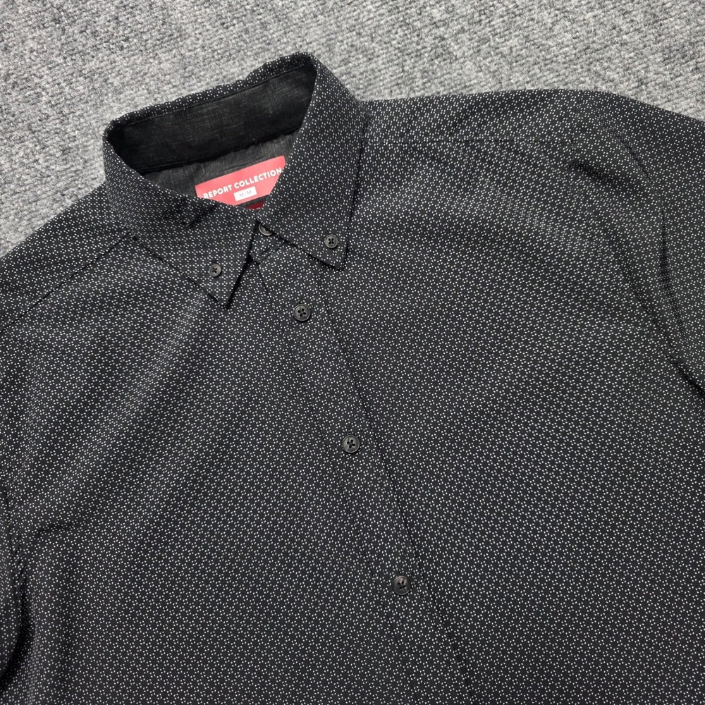 Report Collection Men's M Black White Micro Dot Stretch Short Sleeve Button Down